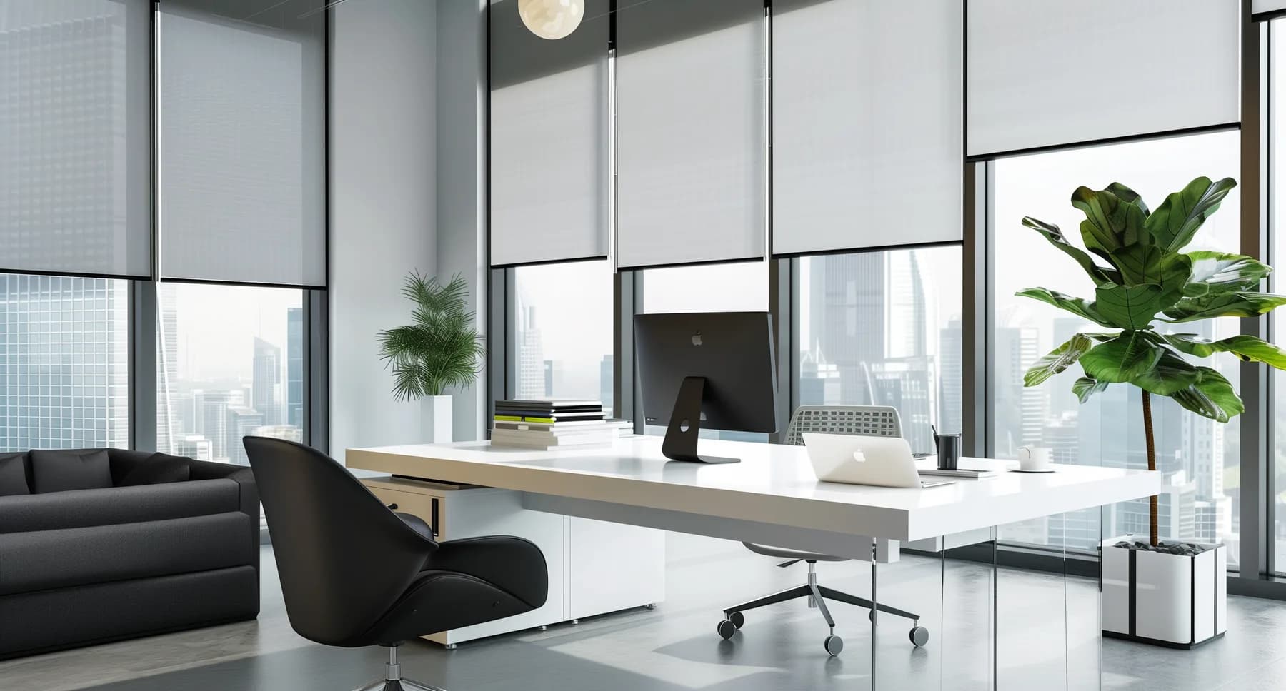 Bright office interior with skyline windows and full-height roller shades