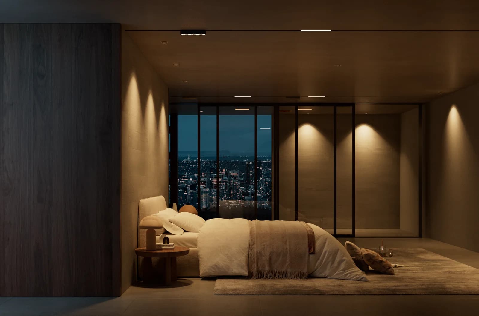 Minimal bedroom with warm timber panels, soft bedding and concealed lighting