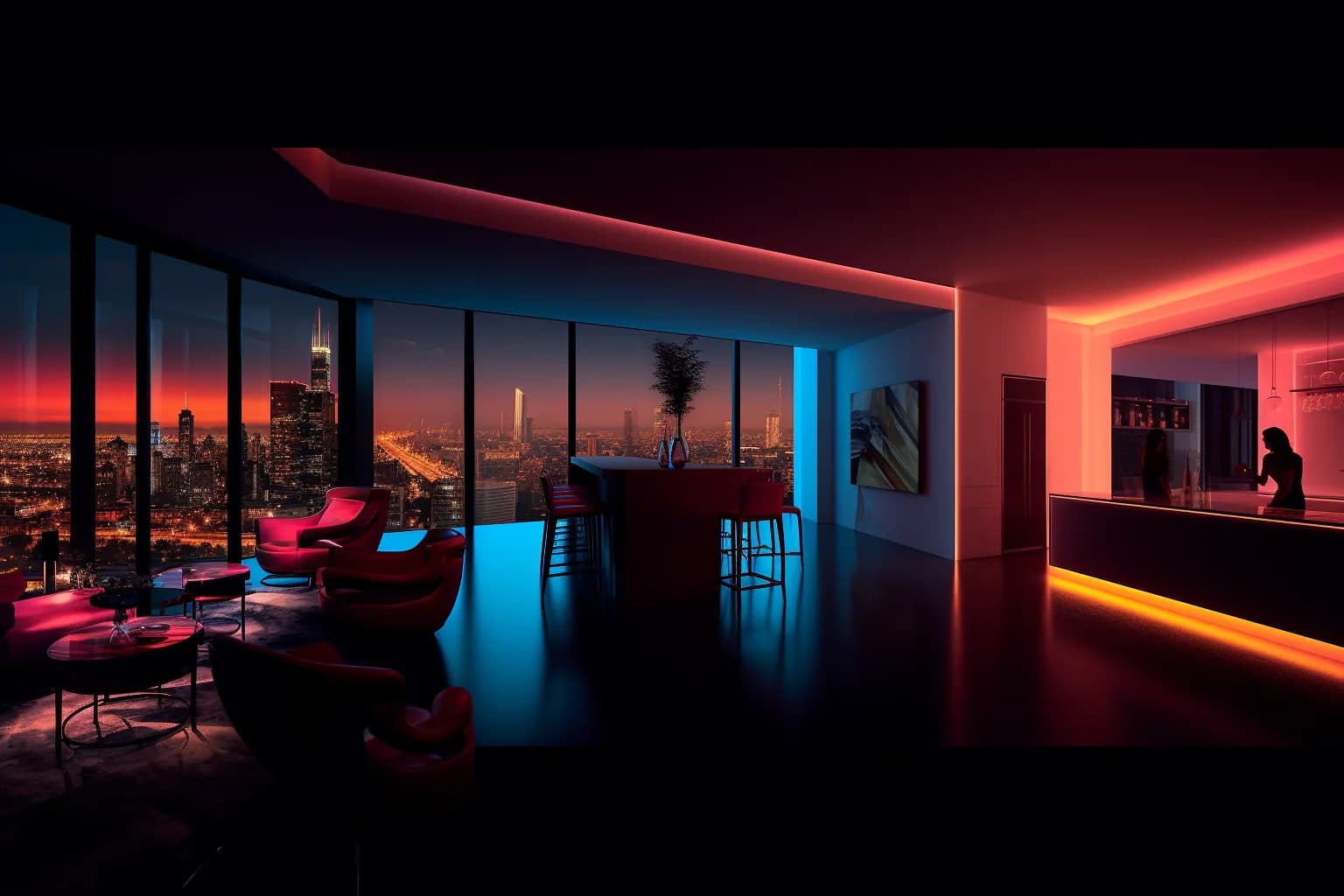Contemporary lounge illuminated with red and blue architectural lighting