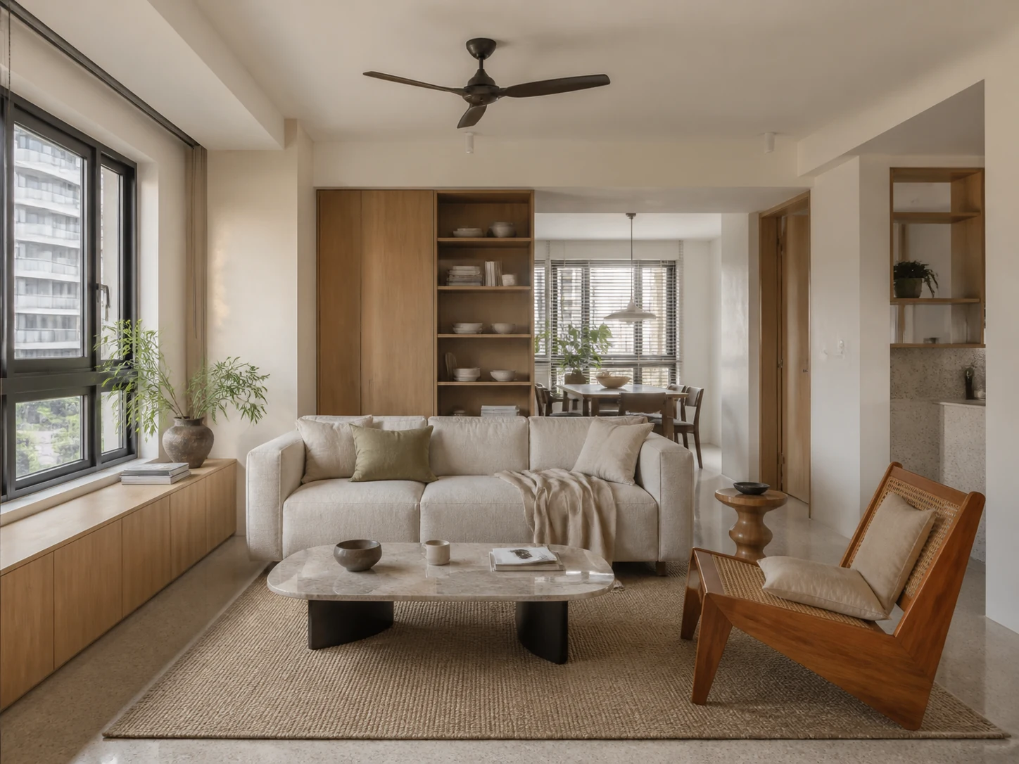 Warm contemporary Singapore apartment living room with natural timber joinery and soft daylight